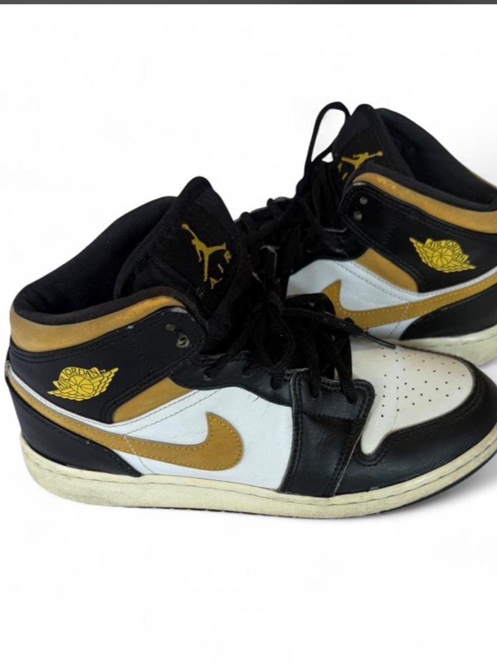 Womans Nike Air Jordan 1 Mid Black White Gold/Yellow Sneakers